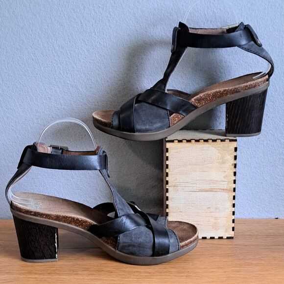 Dansko Dominique Womens 40 9 9.5 Black Leather Open Toe Block Heel Sandals - Picture 6 of 10